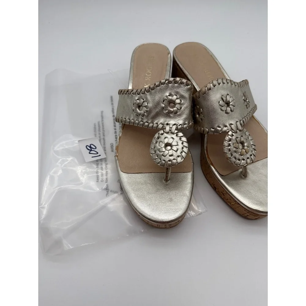 Jack Rogers Jacks Mid Wedge Sandals Platinum Gold Metallic Cork Heel Womens 7M